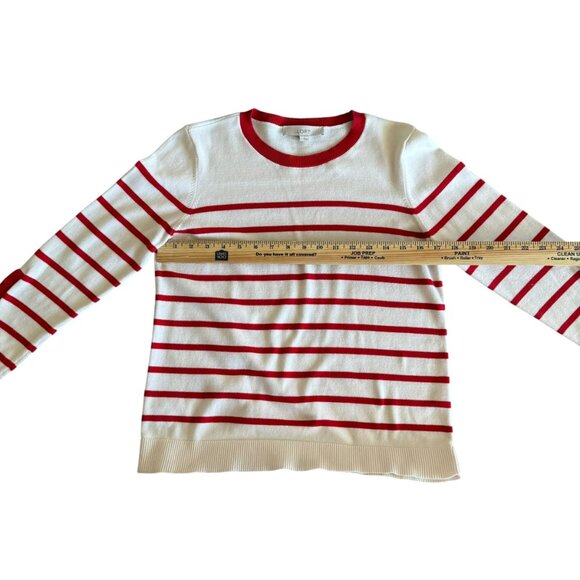 LOFT Red & White Striped Pullover Sweater Crew Neck Button Cuff Size S - Picture 4 of 8